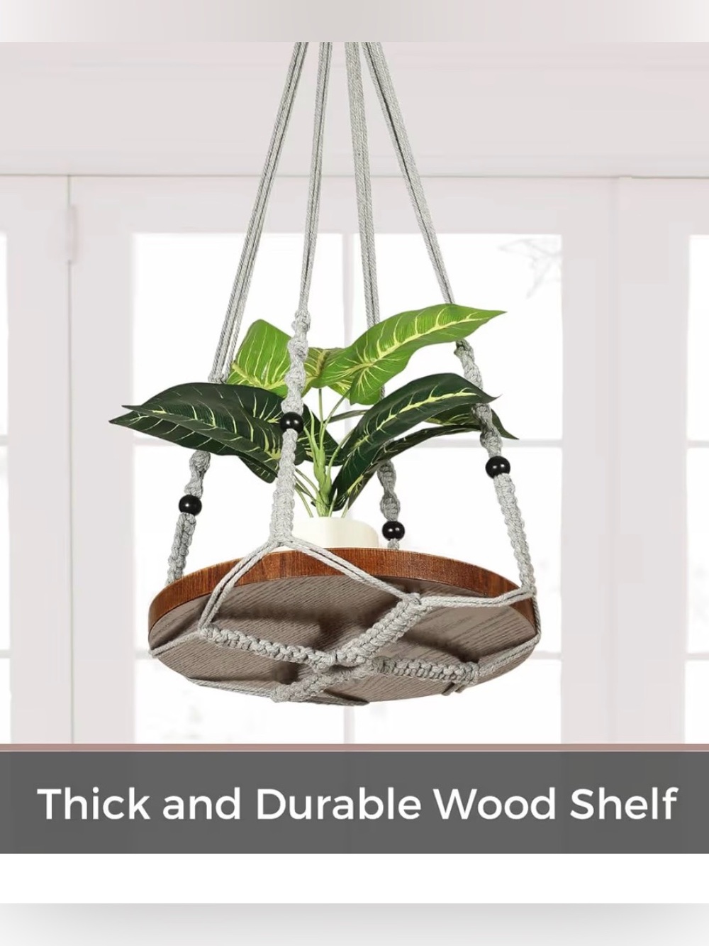 Macrame Plant Hanger with 12” Wood Shelf Indoor Light Gray New Home Decor - Picture 12 of 12